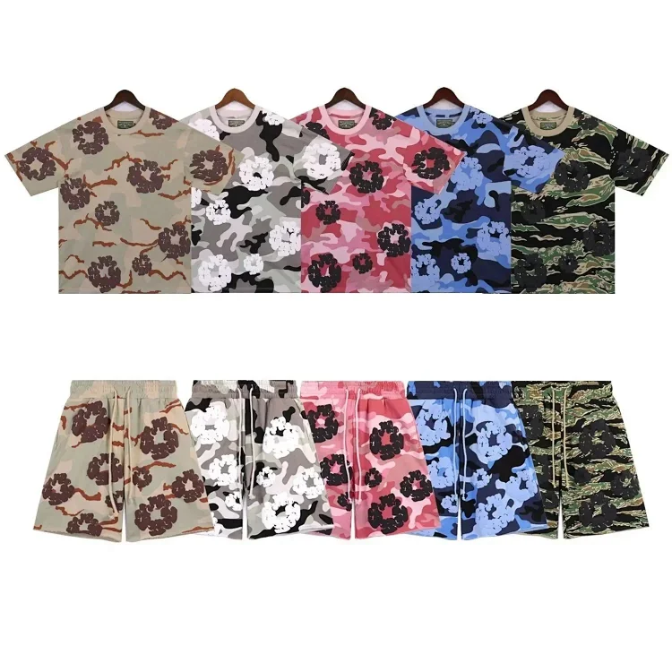 DENIM TEARS Kapok Camouflage Foam Print Loose Short-sleeved T-shirt Shorts Set   7529602857  