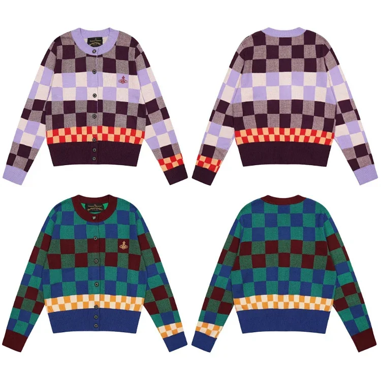 Vivienne Westwood plaid color-blocked knit crew neck sweater  7825573894  